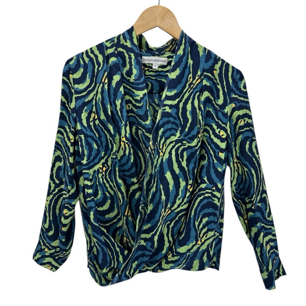 Amanda Uprichard Silk Surplice Crossover Blouse Blue Green Abstract Office Top S